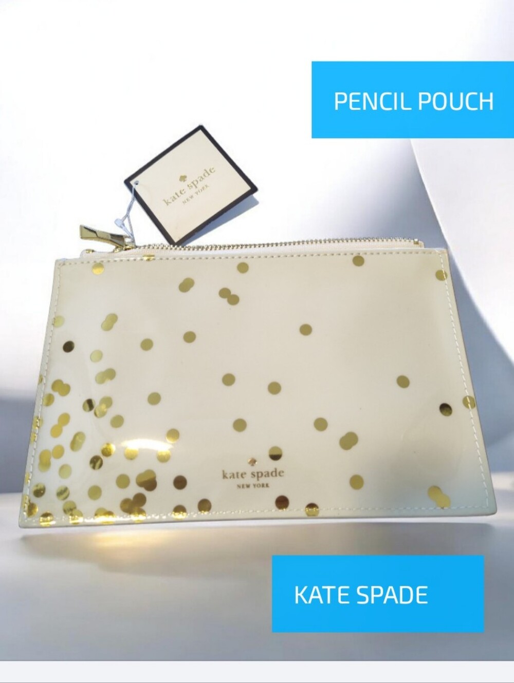 KATE SPADE CONFETTI VINYL PENCIL POUCH 8 X 6 GOLD DOTS + RULER ERASER SHARPENER